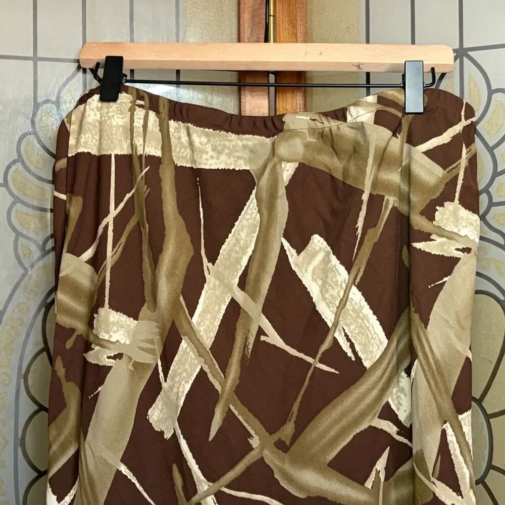 Y2K Fringe Hem Midi Skirt Brown Abstract Print Boho 90s Vintage Skirt Size 1X
